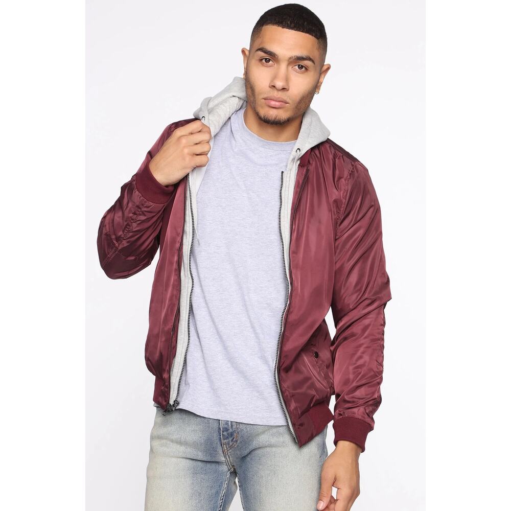 Obey- maroon and gray full zip hooded bomber windbreaker jacket-Med